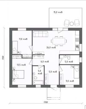 Дом 101м², 1-этажный, участок 6 сот.  