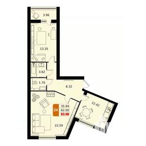 2-к квартира, вторичка, 64м2, 6/17 этаж