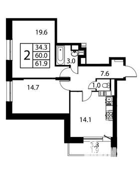 2-к квартира, строящийся дом, 62м2, 12/12 этаж