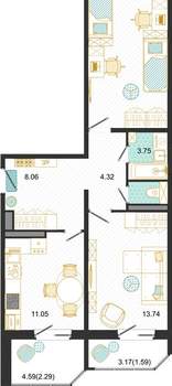 2-к квартира, вторичка, 62м2, 10/17 этаж