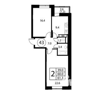 2-к квартира, строящийся дом, 61м2, 12/12 этаж