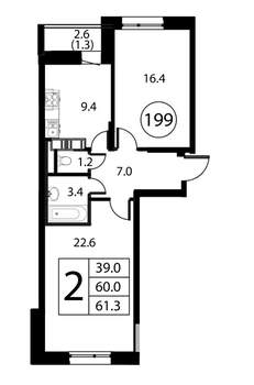 2-к квартира, строящийся дом, 61м2, 4/12 этаж