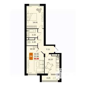 2-к квартира, вторичка, 56м2, 11/17 этаж