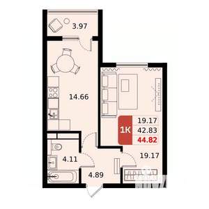1-к квартира, вторичка, 45м2, 15/17 этаж