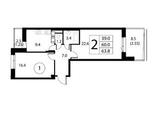 2-к квартира, строящийся дом, 64м2, 2/12 этаж