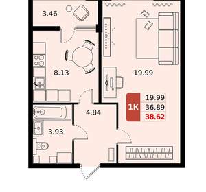 1-к квартира, вторичка, 39м2, 9/17 этаж