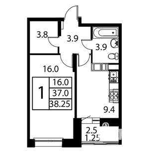 1-к квартира, строящийся дом, 38м2, 10/12 этаж