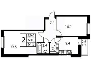 2-к квартира, строящийся дом, 61м2, 11/12 этаж