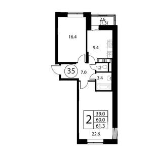 2-к квартира, вторичка, 61м2, 10/12 этаж