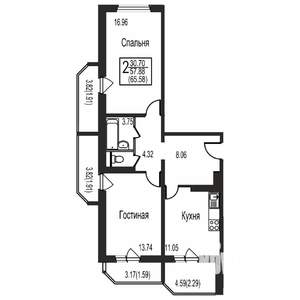 2-к квартира, сданный дом, 66м2, 15/17 этаж