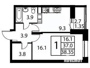 1-к квартира, строящийся дом, 38м2, 10/12 этаж