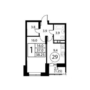 1-к квартира, строящийся дом, 38м2, 8/12 этаж