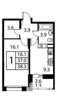 1-к квартира, строящийся дом, 38м2, 10/12 этаж