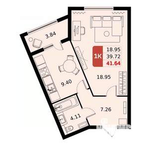 1-к квартира, вторичка, 42м2, 9/17 этаж