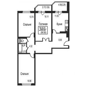 3-к квартира, сданный дом, 85м2, 5/17 этаж