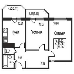 2-к квартира, сданный дом, 59м2, 12/17 этаж