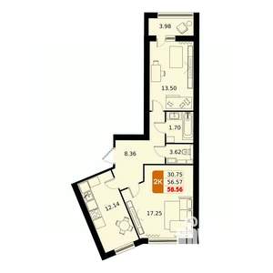 2-к квартира, вторичка, 59м2, 16/17 этаж