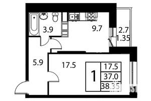 1-к квартира, строящийся дом, 38м2, 6/12 этаж