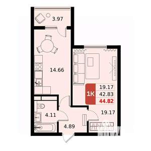 1-к квартира, вторичка, 45м2, 8/17 этаж