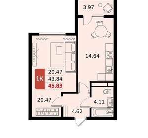 1-к квартира, вторичка, 46м2, 9/17 этаж