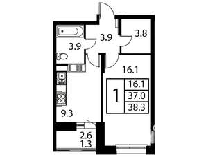 1-к квартира, вторичка, 38м2, 10/12 этаж