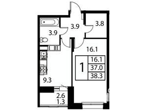 1-к квартира, строящийся дом, 38м2, 12/12 этаж