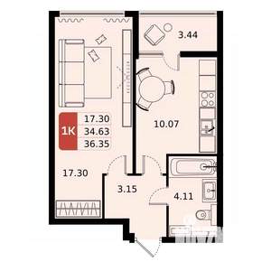 1-к квартира, строящийся дом, 36м2, 12/17 этаж
