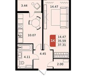 1-к квартира, вторичка, 37м2, 13/17 этаж
