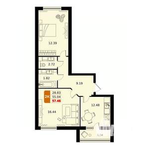 2-к квартира, вторичка, 57м2, 6/17 этаж