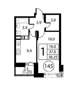 1-к квартира, строящийся дом, 38м2, 2/12 этаж