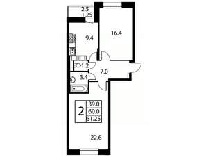 2-к квартира, строящийся дом, 61м2, 11/12 этаж