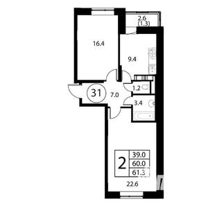 2-к квартира, строящийся дом, 61м2, 9/12 этаж