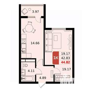 1-к квартира, вторичка, 45м2, 12/17 этаж