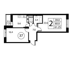 2-к квартира, строящийся дом, 61м2, 11/12 этаж