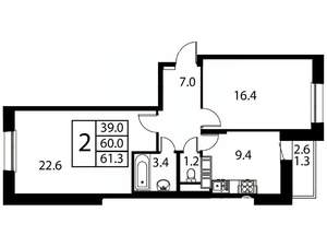 2-к квартира, строящийся дом, 61м2, 10/12 этаж