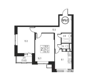 2-к квартира, вторичка, 56м2, 7/12 этаж