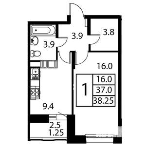 1-к квартира, строящийся дом, 38м2, 11/12 этаж