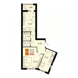 2-к квартира, вторичка, 56м2, 12/17 этаж