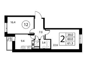 2-к квартира, строящийся дом, 61м2, 4/12 этаж