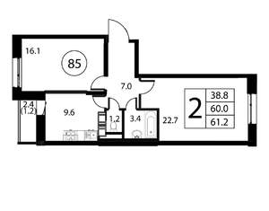 2-к квартира, вторичка, 61м2, 10/12 этаж