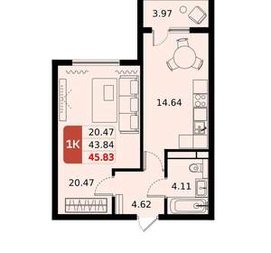 1-к квартира, вторичка, 46м2, 15/17 этаж