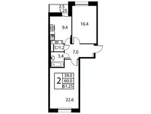 2-к квартира, строящийся дом, 61м2, 11/12 этаж