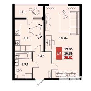 1-к квартира, вторичка, 39м2, 5/17 этаж