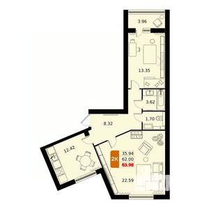 2-к квартира, вторичка, 64м2, 3/17 этаж