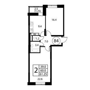 2-к квартира, строящийся дом, 61м2, 10/12 этаж