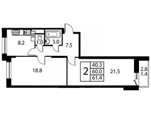2-к квартира, строящийся дом, 61м2, 12/12 этаж