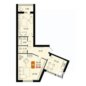 2-к квартира, вторичка, 64м2, 12/17 этаж
