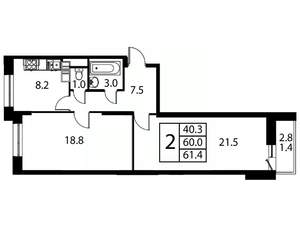 2-к квартира, строящийся дом, 61м2, 11/12 этаж