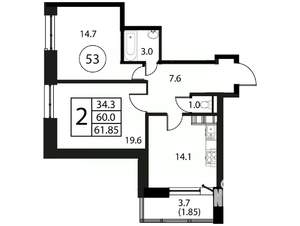 2-к квартира, строящийся дом, 62м2, 12/12 этаж