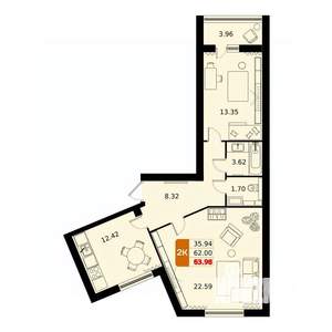 2-к квартира, вторичка, 64м2, 11/17 этаж